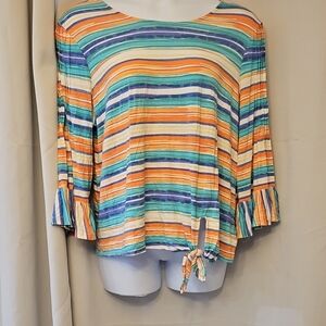 XL Ruby Rd. 3/4 Ruffle Sleeve Striped Blouse with Tie Front